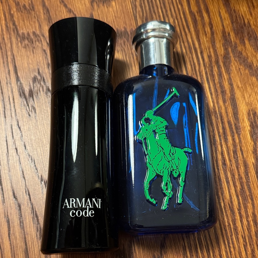 Armani Code and Polo Blue empty bottles.